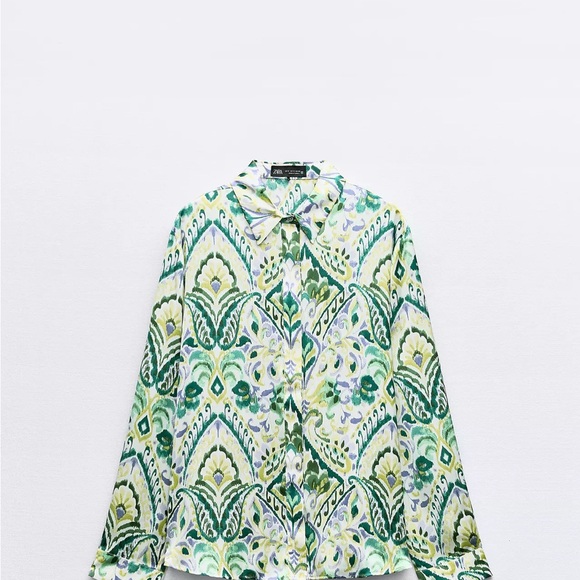 Zara printed satin Button-Up Shirt, green patterned - Picture 1 of 4